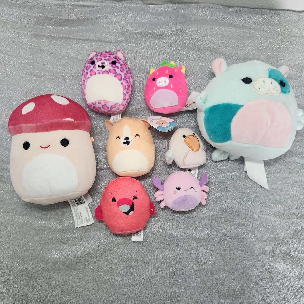 Squishmallows Plush Lot‎ 8pc Malcolm Mushroom Stevon Corgi Bulldog Micromallows